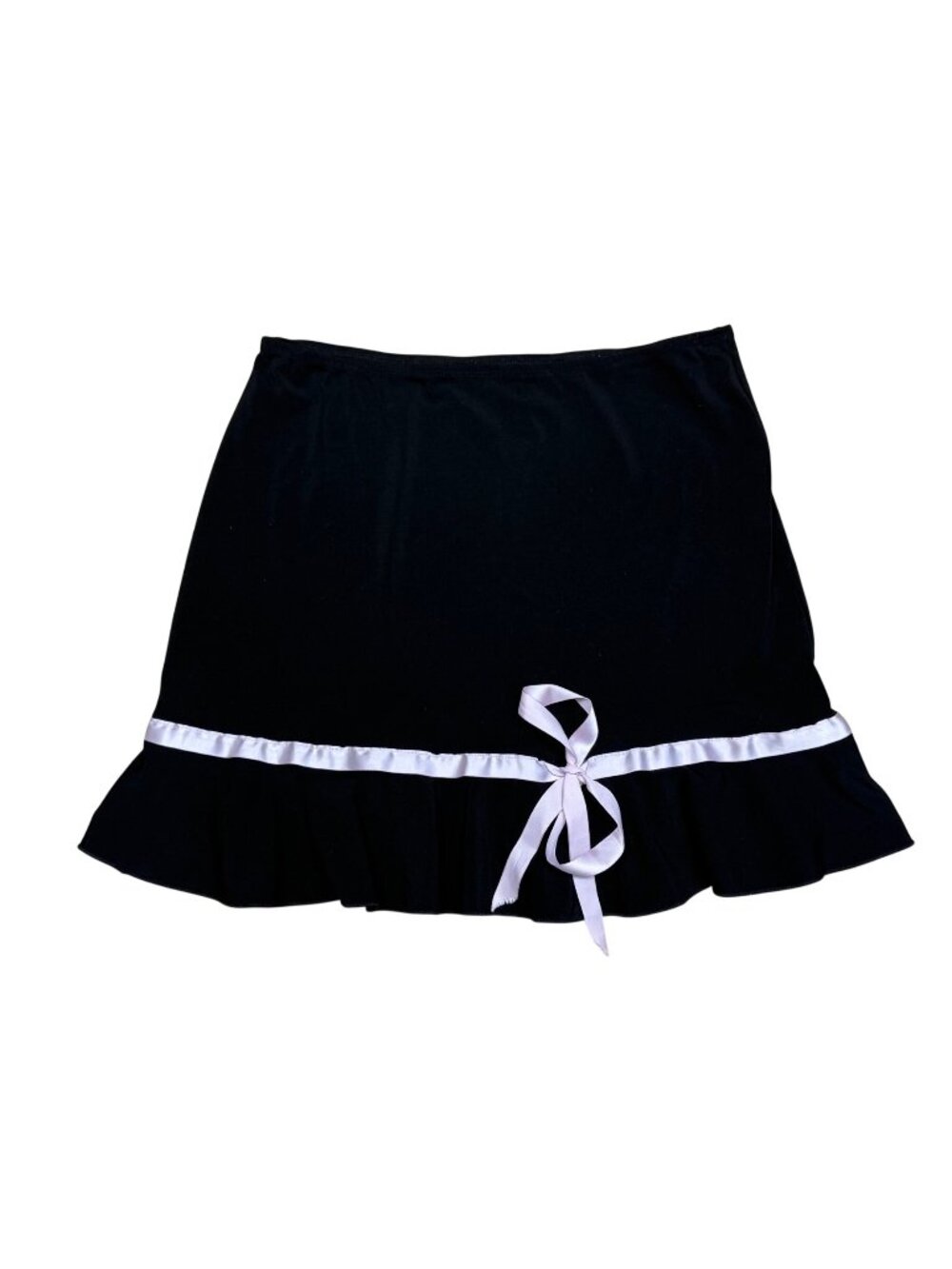 Y2K Tempted Black Ruffle Mini Skirt Pink Bow Stretch Flowy Coquette